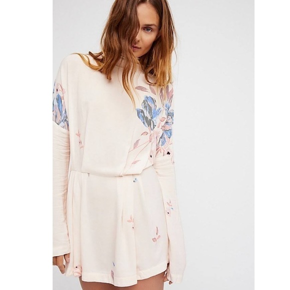 Free people Cream Floral Gemma tied back Tunic Festival mini Dress size XS - Picture 16 of 16
